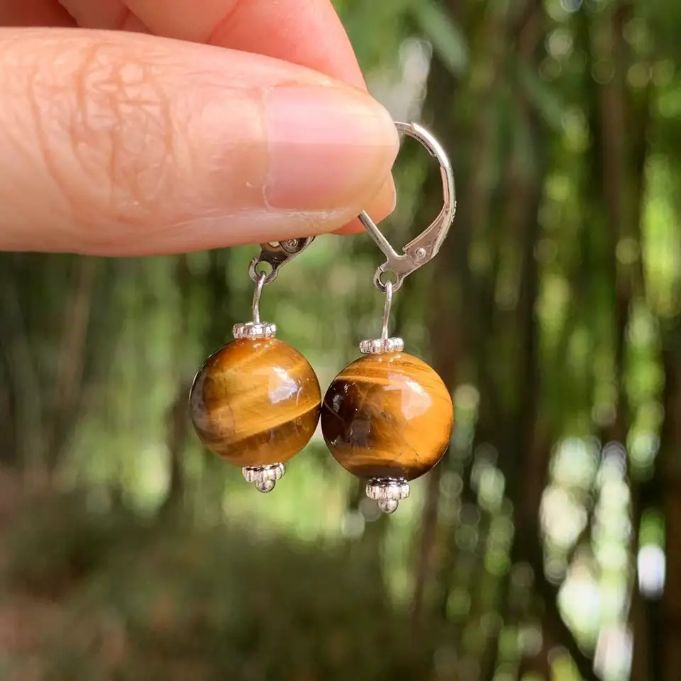 Pendientes Bohemios De Ojo De Tigre - Piedra Natural Marrón, Colgante En Forma De Moneda, Aleación Chapada