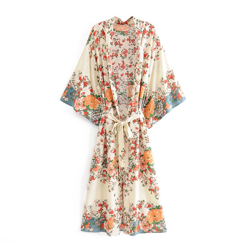 

Bohomian Floral Print Long Kimono Shirt Robes Hippie Women Tie Bow Sashes Long Cardigan Loose Blouse Tops Casual