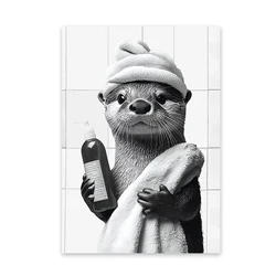Whimsical Otter Bathroom Canvas Art - Cute Animals with Toilet Paper in Bathrobes Decor - 20x30cm with Frame (9936)