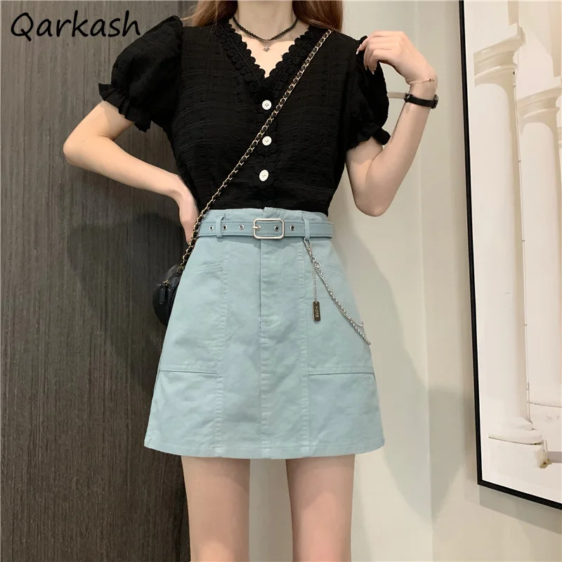 

Skirts Women Chain A-line All-match Ulzzang Summer Solid Students High Waist Popular Fashion Ladies Cool Streetwear Teens Casual