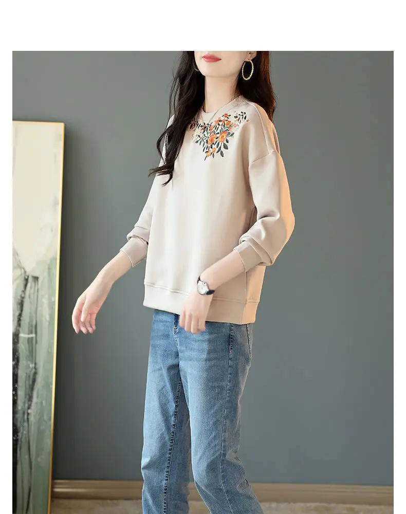 Women's Clothing 2022 Solid Embroidery Printing Round Neck Loose Autumn