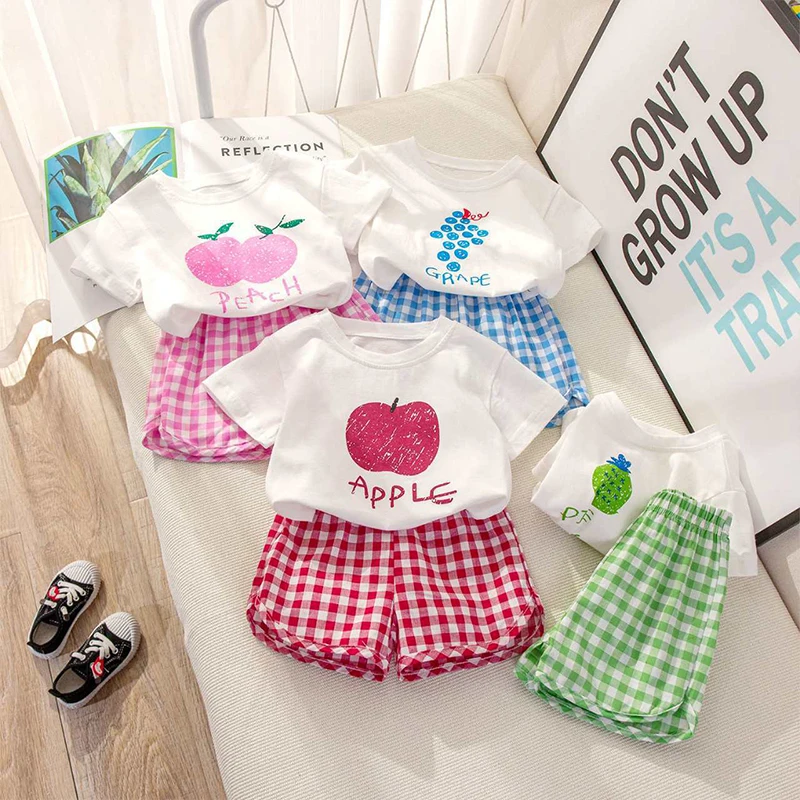 

Fruit T-shirt Plaid Shorts Girls 2pc/set Summer Children's Clothes Cotton Kids Short Sleeved Suit Fashion Baby Clothing 2-8Years