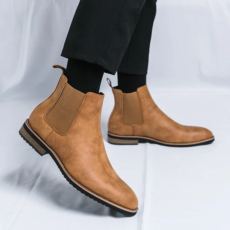 Street Style Men's Pointed Brown Black Chelsea Ankle Boots British Designer Botas Trend Casual Luxury High-tops Punk Rock Shoes