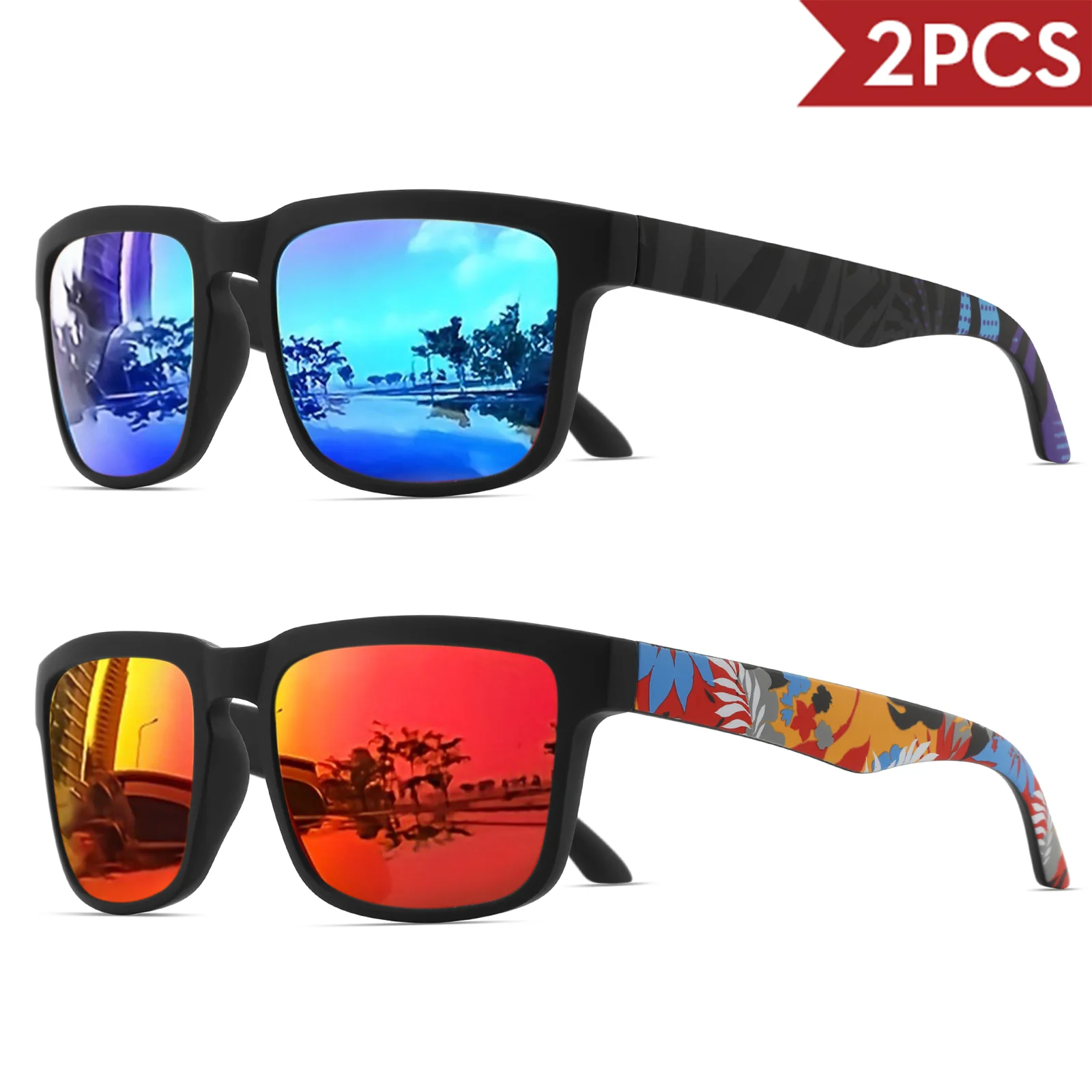 2 quadratische Sport-Sonnenbrille mit Designer-Tempelmuster – UV400 für Männer und Frauen, Strandurlaub – Detail 10