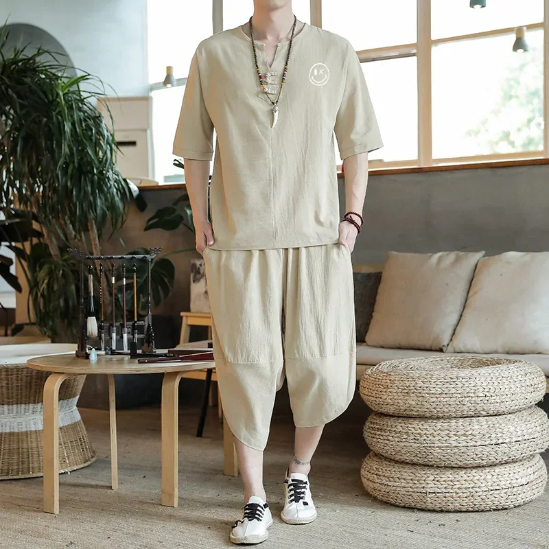 Japanese Style Suits Kimono Short-Sleeved T-shirt Pants Two Piece Men Tops Trousers Male Japan Harajuku Yukata Cardigan Costume japanese kimono cardigan japanese kimono japanese kimono shirt