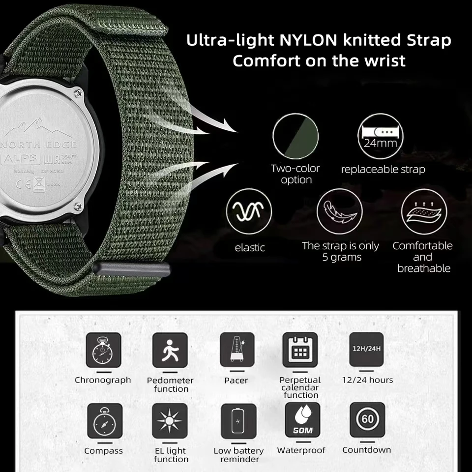 NORTH EDGE Men's 45mm Carbon Fiber Case Waterproof Watch with Nylon Strap and Metronome Compass