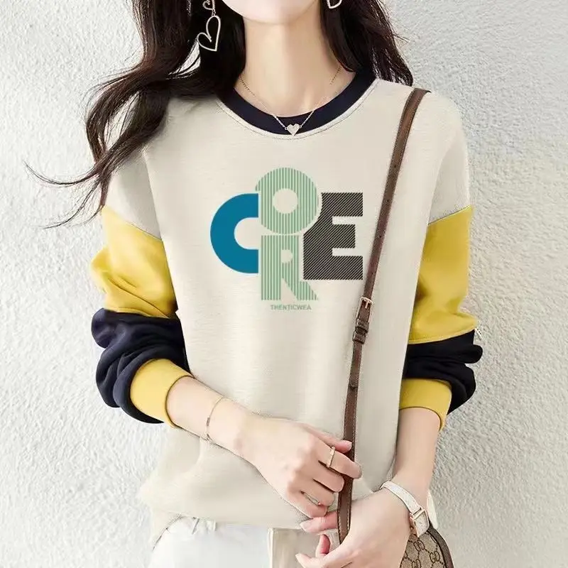 Women's Autumn and Winter Fashion Contrasting Round Neck Pullover with Plush Casual Long Sleeved Loose Fitting Sports Shirt Tops
