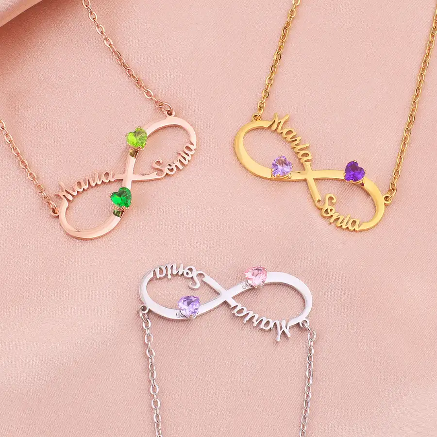 Double Name Infinity Heart Birthstone Necklace Couple Customized Name Necklace Valentine's Day Gift for Her