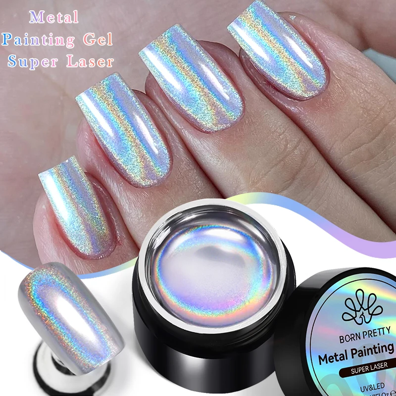 BORN PRETTY 5 ml Super Laser Bright Metallic Painting Gel Soak Off Gel Nagellack Blumenzeichnung Silber Spiegel Glitzer UV Gel