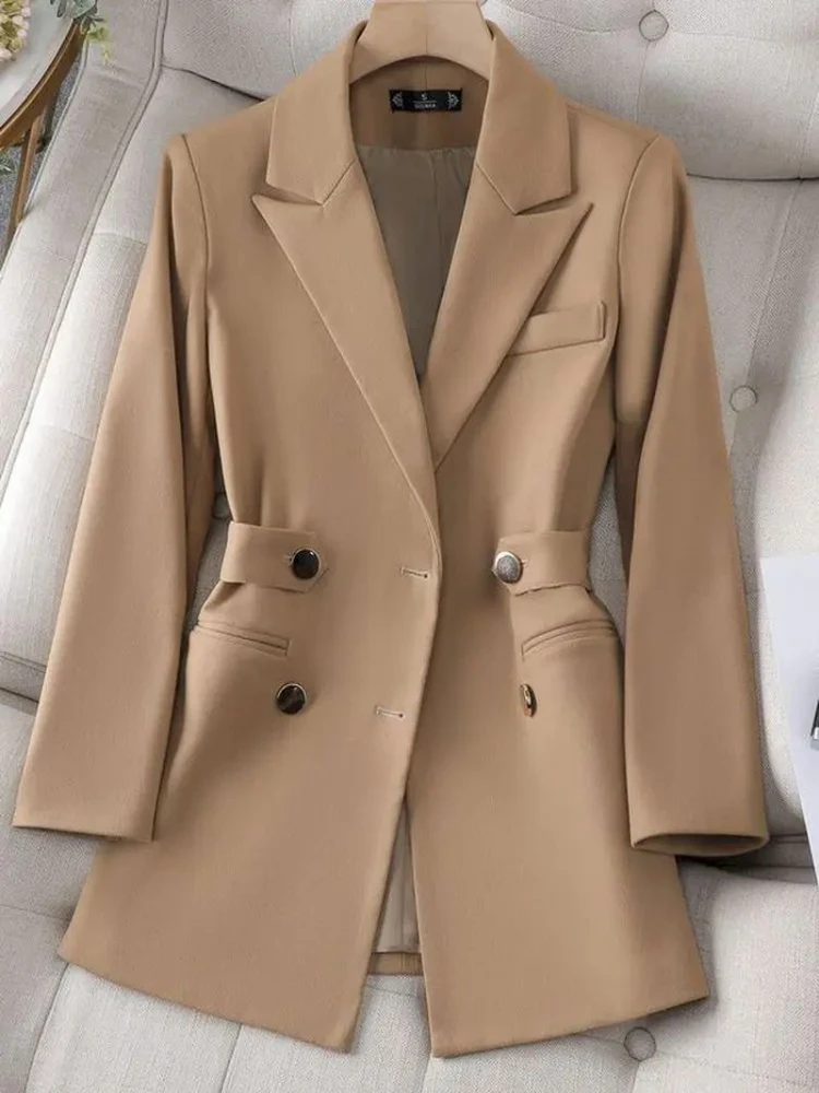 

Insozkdg Women Ladies Autumn Winter Outwear Blazer Khaki Black Female Long Sleeve Double Breasted Solid Jacket Coat with Sashe