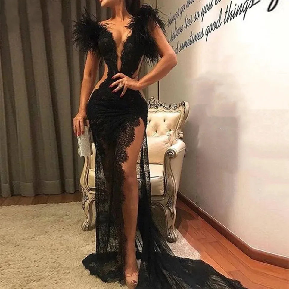 

Sexy Mermaid Black Evening Dresses Women Formal Party Split Prom Gowns Vestidos De Noiva Lace Appliques Robe De Soiree