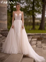 Detachable Train Mermnaid Wedding Dress Sequined Bead Bride Robe Sexy Deep V-neck Backless Bridal Gown Customized Robe De Mariée 1