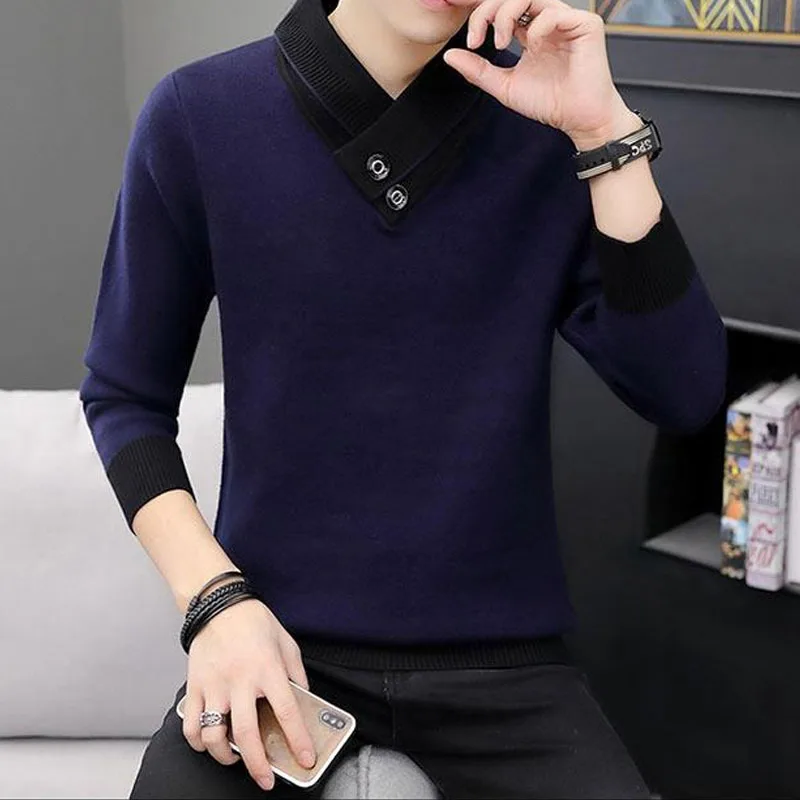2023 가을 겨울 남성 터틀넥 두꺼운 긴 소매 스웨터 한국 트렌드 솔리드 컬러 스플 라이스 니트 풀오버 남성 의류