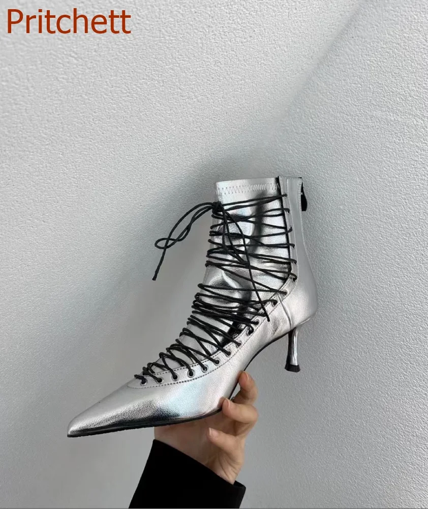 Pointed Toe Solid Women Boots Short Boots Cross Tied Zipper Thin Heels Runway Show Fashion Causal Women Shoes 2023 New Arrivals