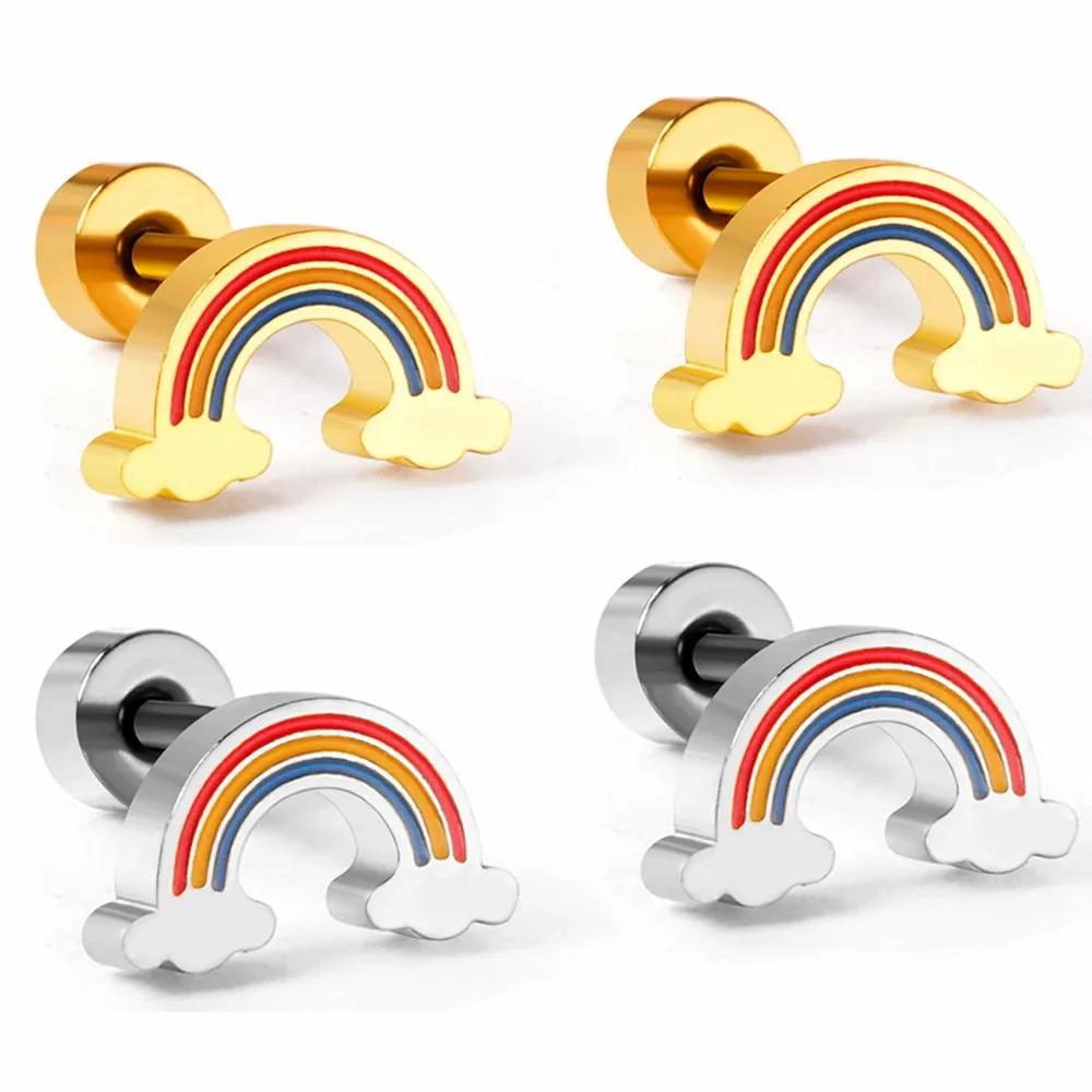 

Exquisite Cute Rainbow Bridge Charm Earrings For Women Girls Kid Anti Allergy Gold Color Stainless Steel Stud Ear Jewelry Gifts