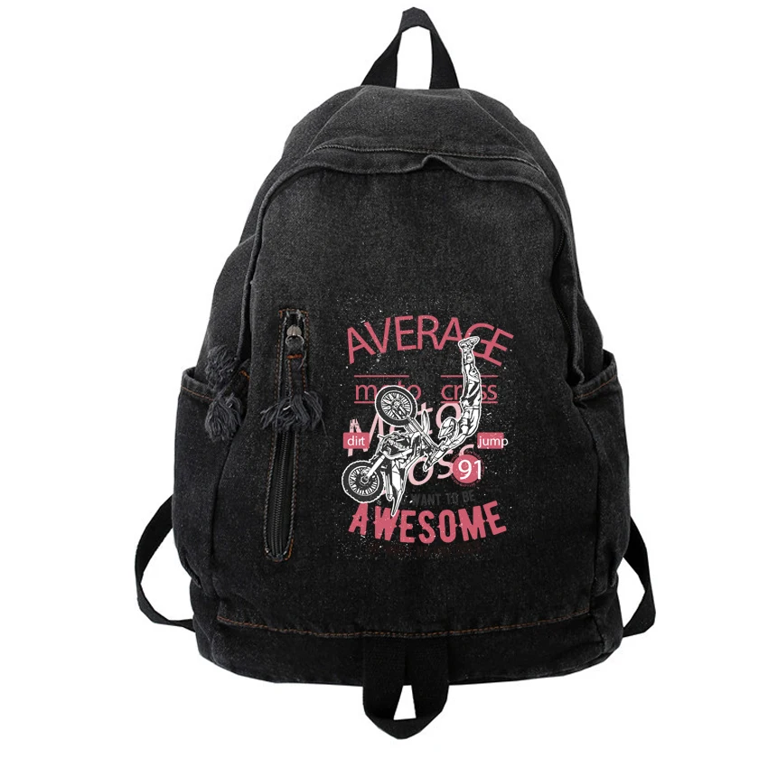 

Women's Man Rucksack Denim Double Shoulder Retro Travel Bagpack Awesome Motorcyle Pattern Printed Hip Hop Harajuku Backpack
