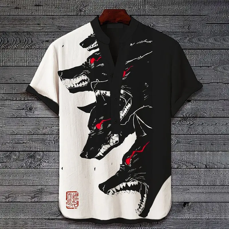 2024 new cross-border 3D digital heat transfer animal wolf shirt landscape picture 3-button stand-up collar short-sleeved shirt folding bedside tiktok cross border bedside elderly bedside stand up help armrest