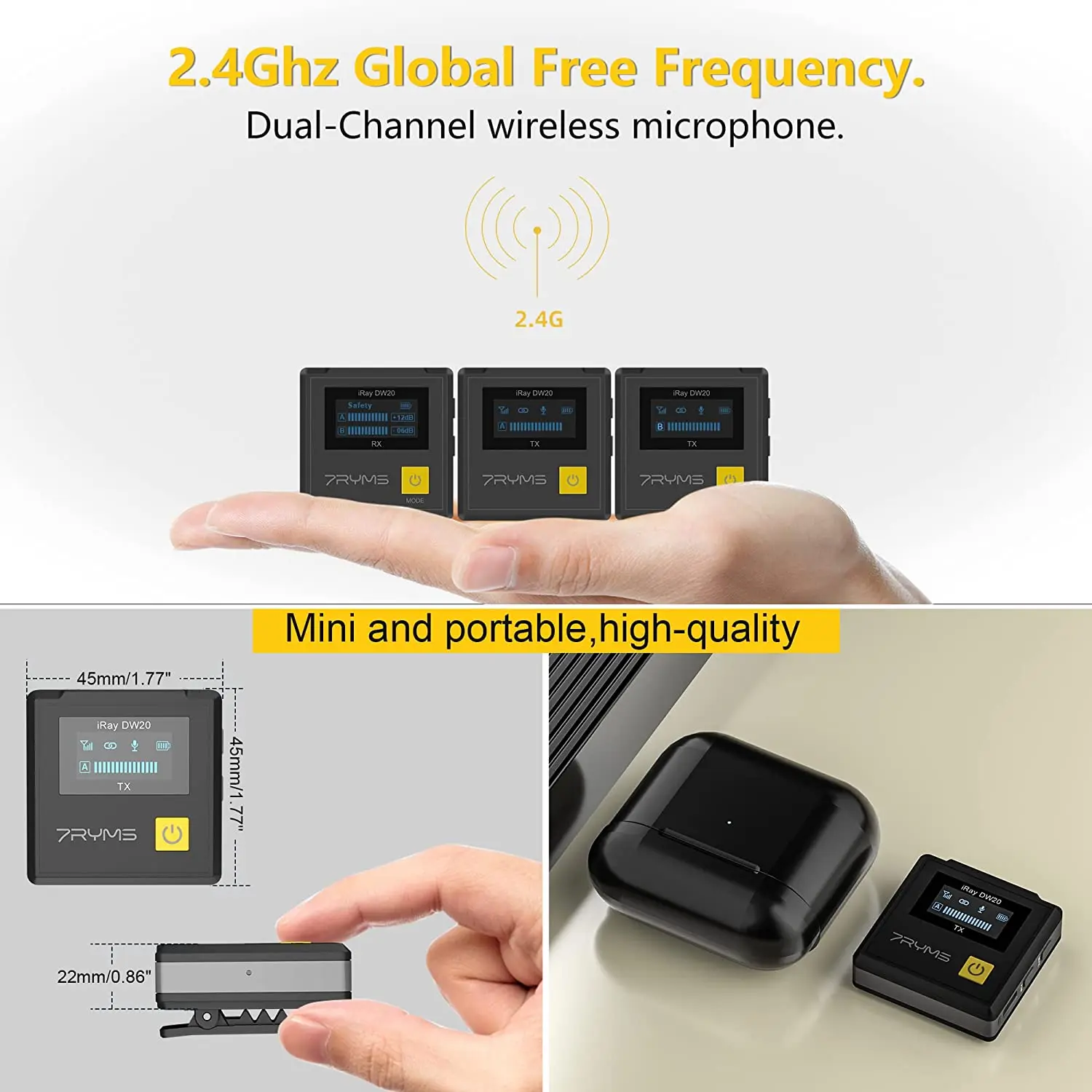 7RYMS iRAY DW20 PRO 2.4G Dual Wireless Lapel Microphone with Charging Case for C