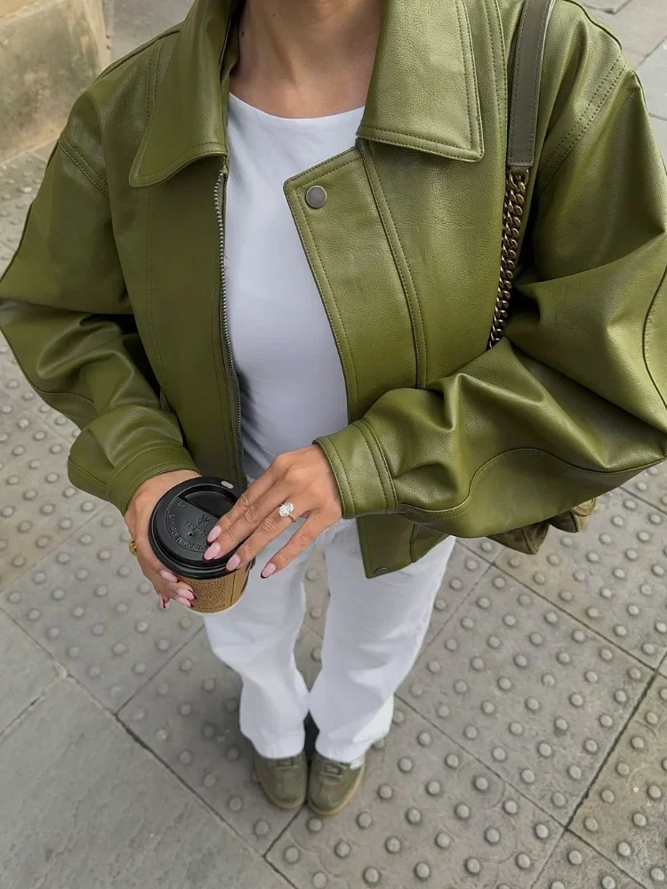 Fashion Green Leather Sleeve Loose Jacket Women Chic Laple Zipper Cropped Short Coats 2024 New Lady Casual High Street Outerwear 4