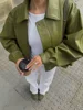 Fashion Green Leather Sleeve Loose Jacket Women Chic Laple Zipper Cropped Short Coats 2024 New Lady Casual High Street Outerwear 4
