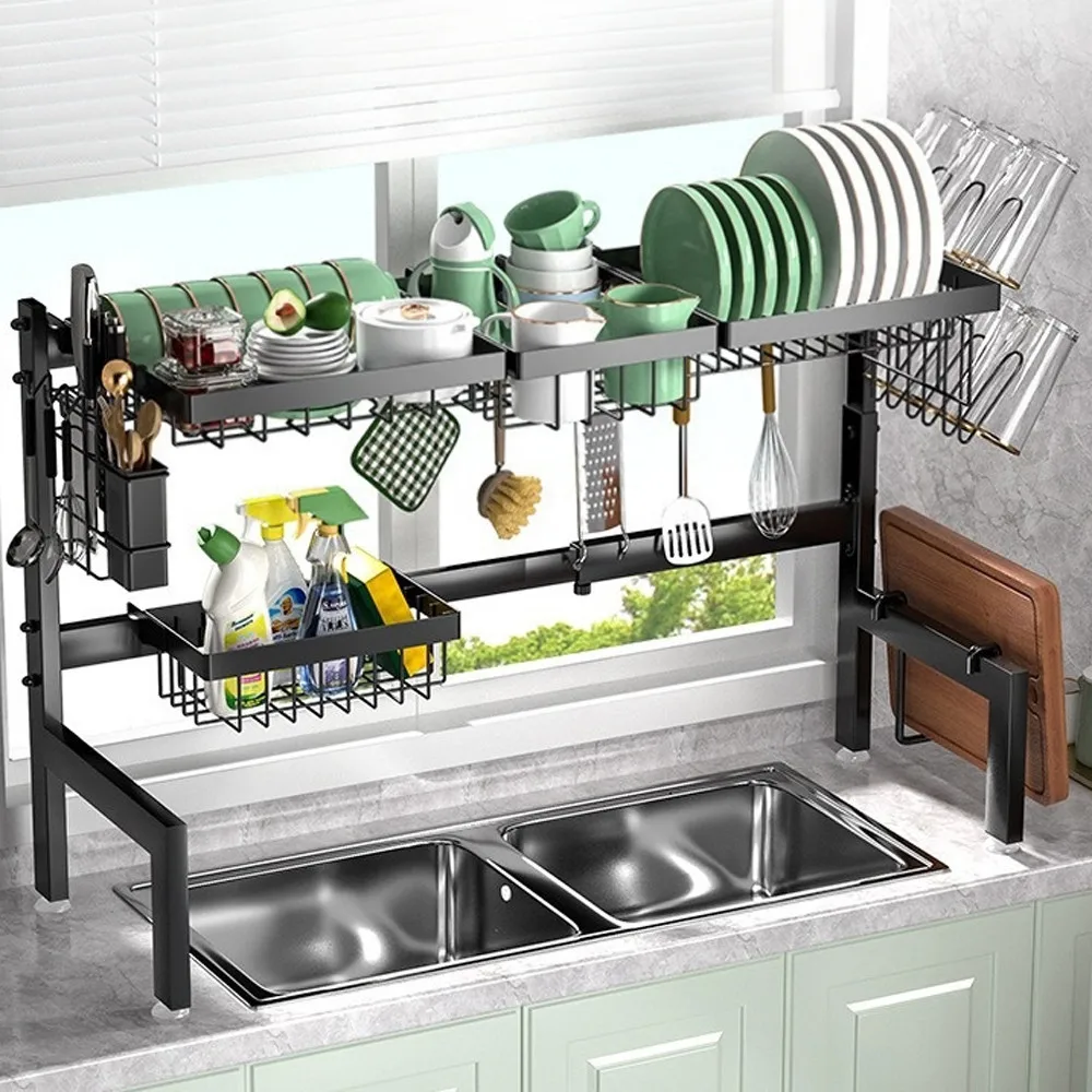 2-stufiges Küchenspülenregal aus Kohlenstoffstahl, Abflussregal, Arbeitsplatte, multifunktionale Aufbewahrungsschüssel, Geschirr, Messer, Gabel, Organisationsregal – Detail 5