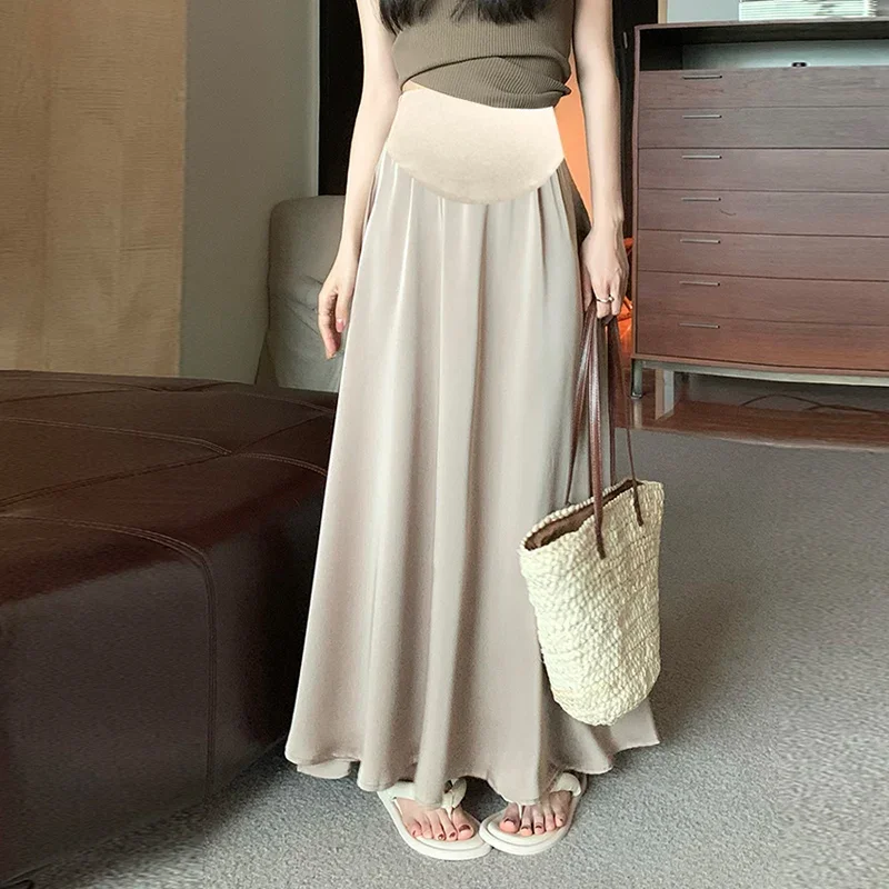 Korean Style Maternity Belly Skirts High Waist Long Design Pregnant Woman A-line Skirts Solid Color Pregnancy Umbrella Skirt