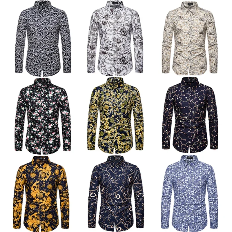 

10 Color Men's Long Sleeved Shirt Printed Hawaiian Floral Shirt Lapel Vacation Style Shirt