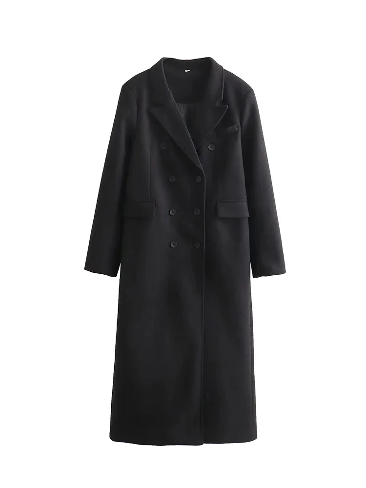 

HH TRAF 2024 Women's Fashion Long Sleeve Lapel Coat Winter Double Breasted Long Jacket Pockets Female Black Casual Outerwear