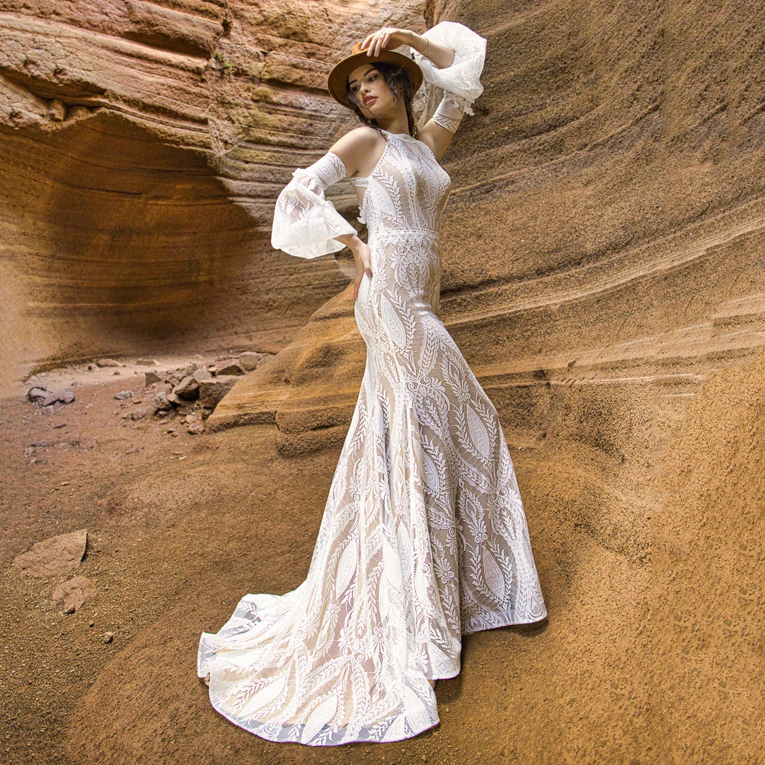 

Round Halter Lace Mermaid Wedding Dress Removable Half Bubble Sleeves Custom Made Cold Shoulders Slim Fit Bohemian Bridal Gown