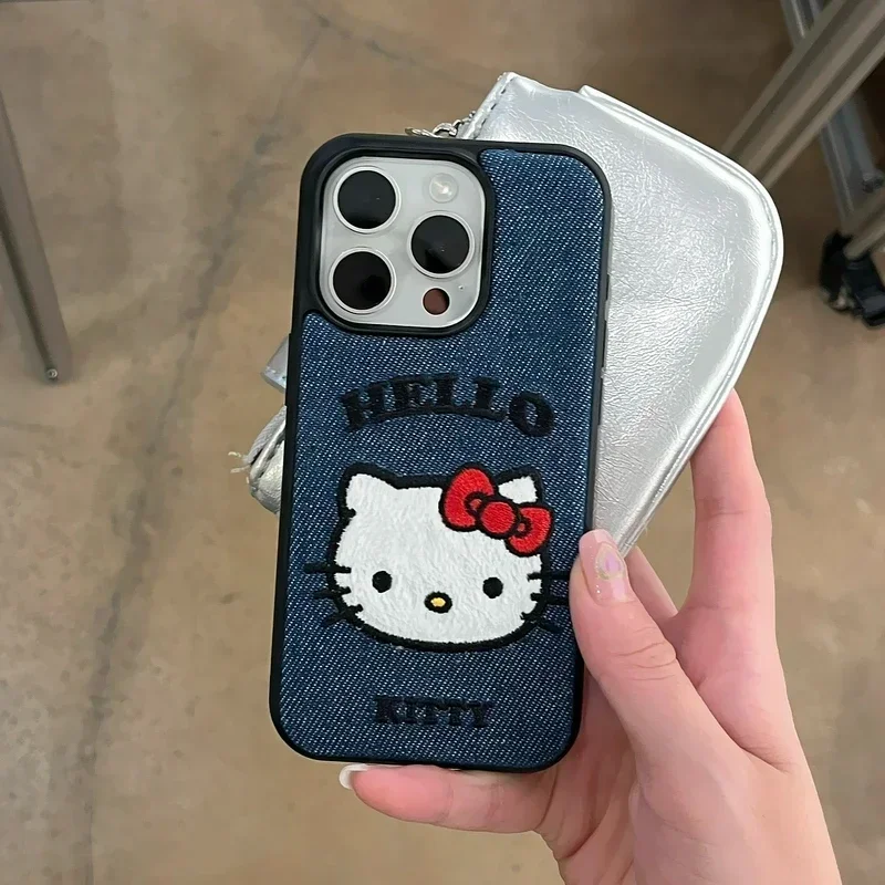 Cute Cartoon Sanrio Hello Kitty Warm Winter Denim Fabric Leather