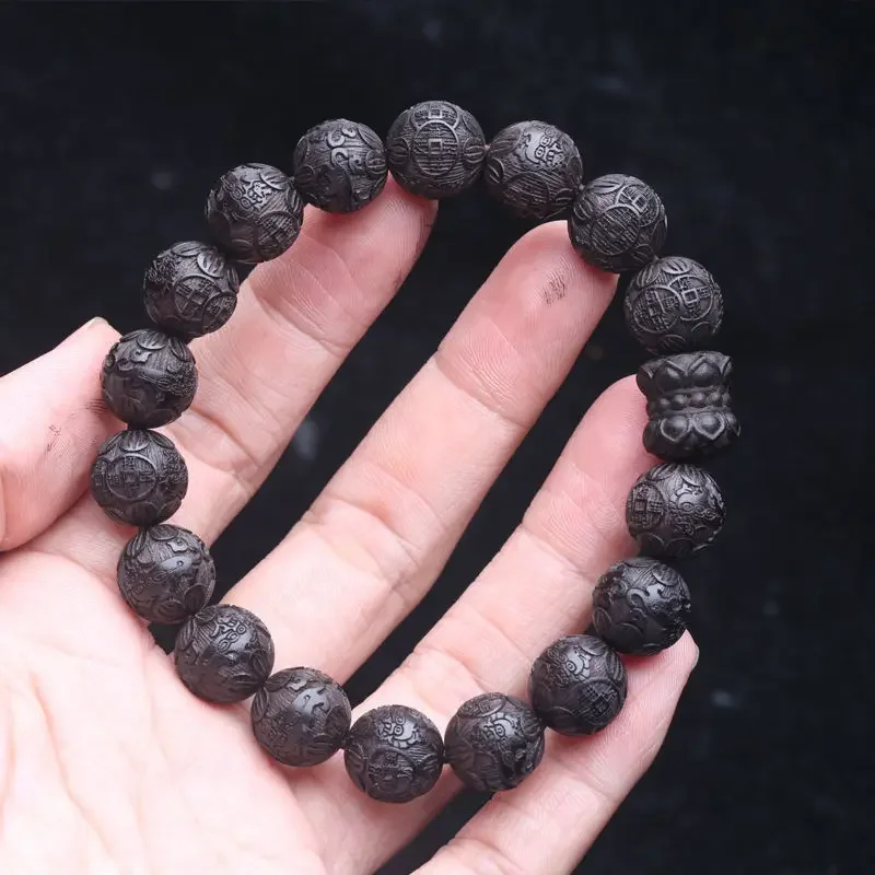 

Authentic Natural Ebony Bracelet 15mm 20mm Carved Lucky Bead HandString Wen Play Collection Bring In Wealth and Treasure Jewelry