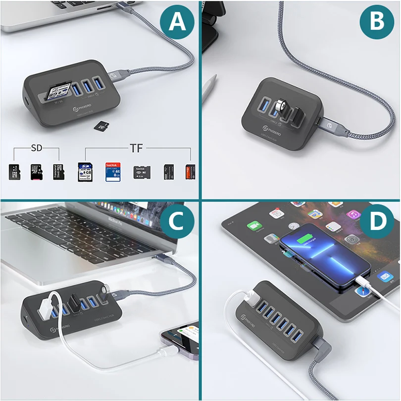 Phixero-multi Portas Docking Station Hub tipo c Splitter Adaptador Tomada Vários Otg 3.0 com Leitor de Cartão sd para Laptop pc Usb 3.2 - Imagem 5
