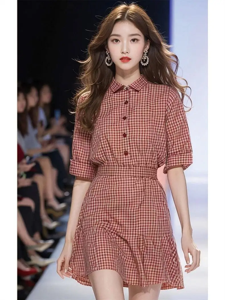Summer 2025 Retro Red Plaid Waist-Hugging Fashion Dress