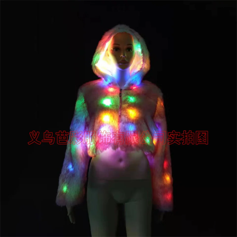 LED Tron Dance Costume Woman Dancer Light Up Clothing Faux Fur Coat Bar Nightclub Christmas Party Rave Outfit Glow Jacket Wear