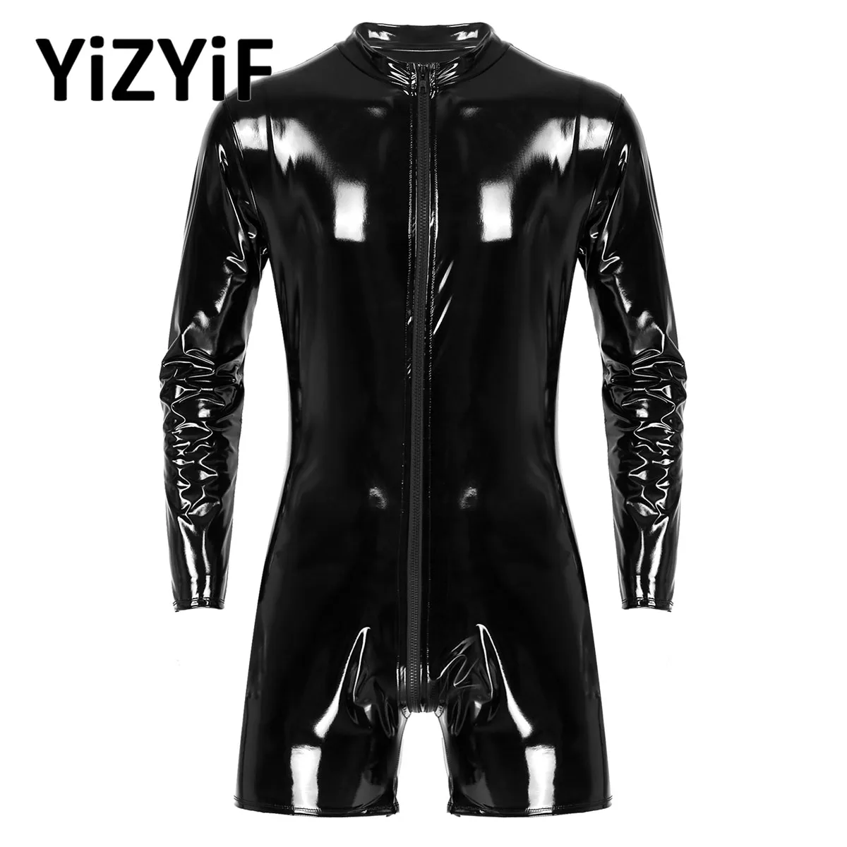 

Men Sexy Patent Leather Romper Bodysuit Lingerie Exotic Latex Long Sleeve Zipper Crotch Leotard Wetlook Playsuit Clubwear