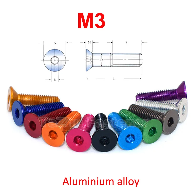 1-10 шт., Шестигранная головка м3, плоский винт с потайной головкой, алюминиевый шестигранный болт DIN7991, механический винт длиной 7/10 мм, анодированный