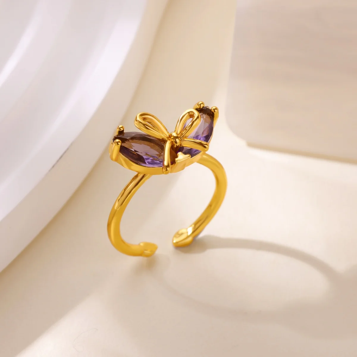Stainless Steel Rings Romantic Bow Tie Adjustable Zircon Opening Ring For Women
