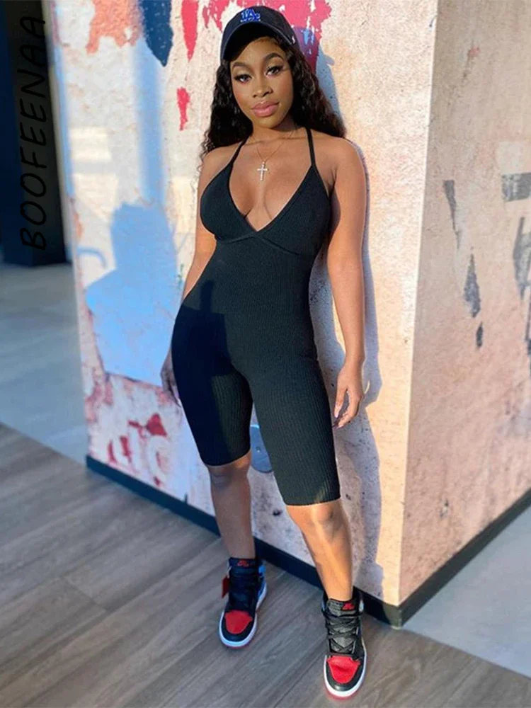 

BOOFEENAA Casual Sexy Backless Bodycon Rompers for Women Loungewear Shorts Jumpsuit Summer 2020 Ribbed One Piece Playsuit 87BC16
