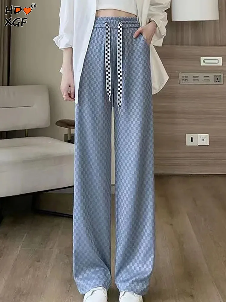 

Casual Plaid Wide Leg Pants For Women Vintage Drawstring Elastic High Waist Straight Pants Korean Designer Pants Streetwear New