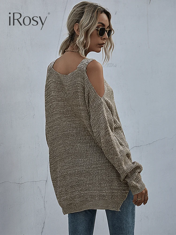 Women's Autumn Lightweight Loose Knit Cold Shoulder Sweater Khaki Pullovers  Shirt Female Long Sleeve Tops Streetwear Y2K Jumpers - AliExpress