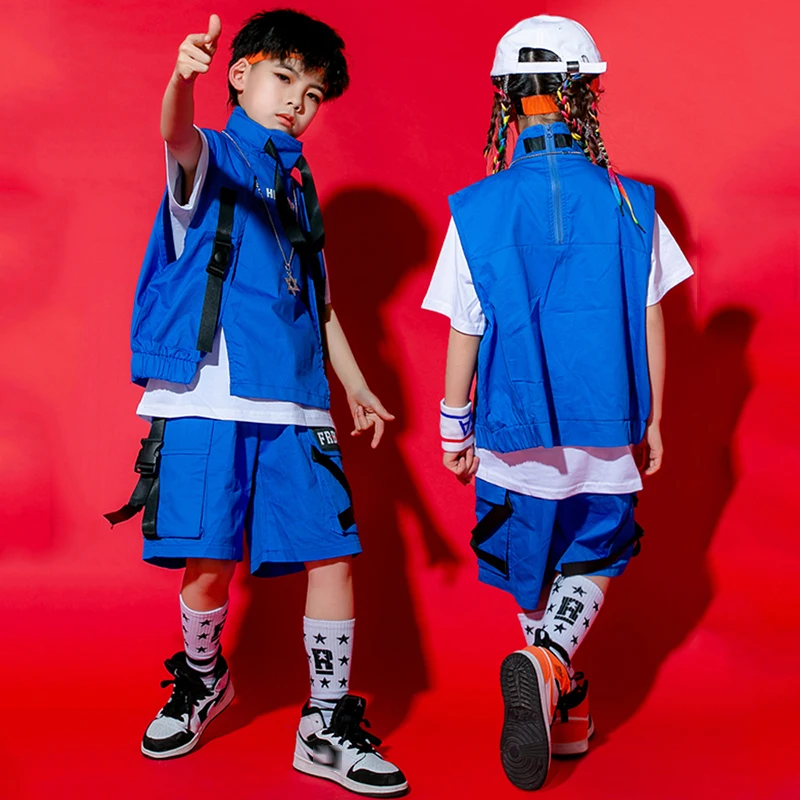 

Children Jazz Costume Hip Hop Clothing Blue Vest Short Sleeves Performance Suit Boys Concert Ballroom Dance Clothes Girls BL7845