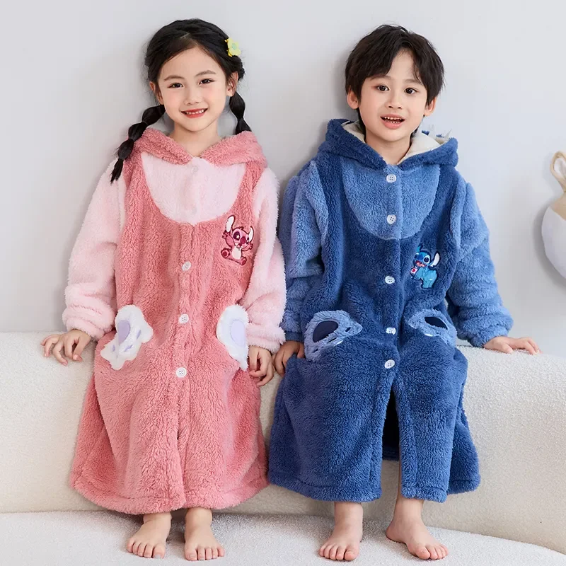 Angel and Stitch Hooded Pajamas Baby Boy Girls New Autumn Winter Children Thickened Warm Coral Fleece Robe Nightgown Clothing