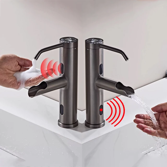 ก๊อกน้ำอัจฉริยะแบบเหนี่ยวนำทันสมัยพร้อมเครื่องจ่ายสบู่ ก๊อกน้ำอ่างล้างหน้าแบบเซ็นเซอร์คู่ ก๊อกน้ำอัตโนมัติแบบไม่ต้องสัมผัส 1