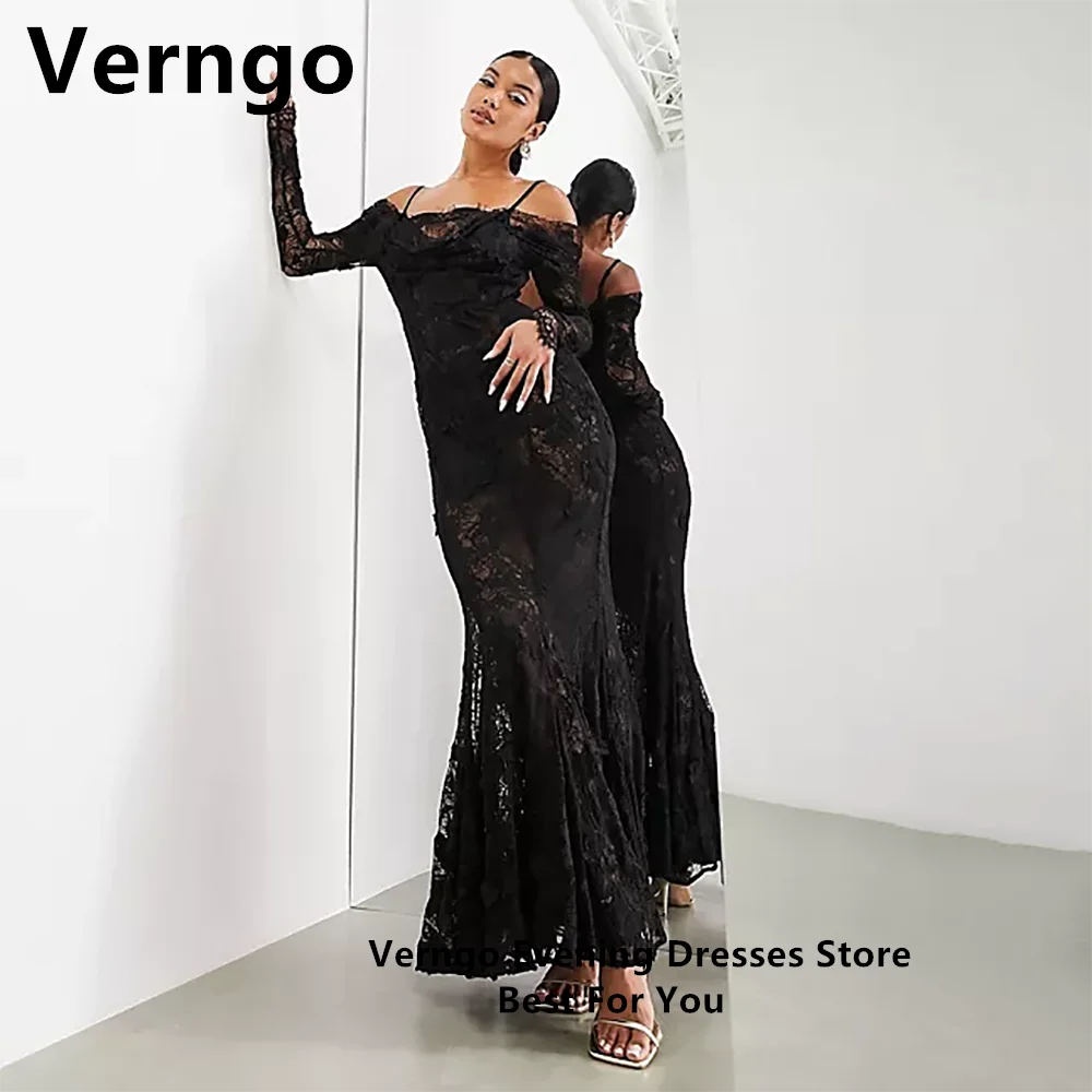 

Verngo Black Lace Evening Dress Long Sleeves Spaghetti Straps Prom Gowns V Neck Sexy Arabic Dresses For Formal Occasion
