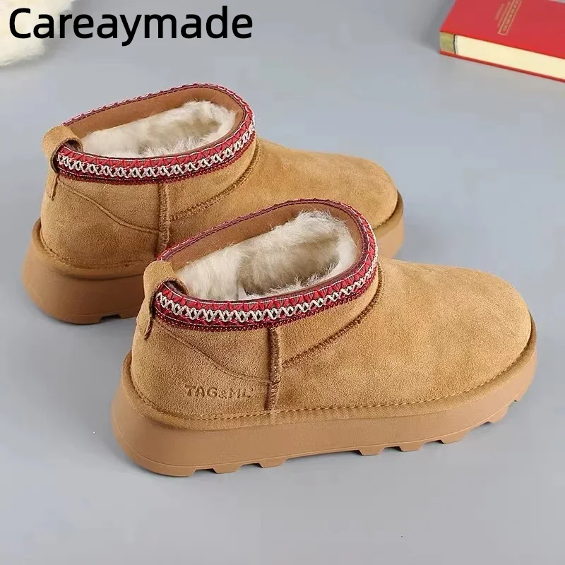 

Careaymade-Genuine Leather fur integrated thick soles wool short boots,retro snow women's Northeast winter warm cotton shoes