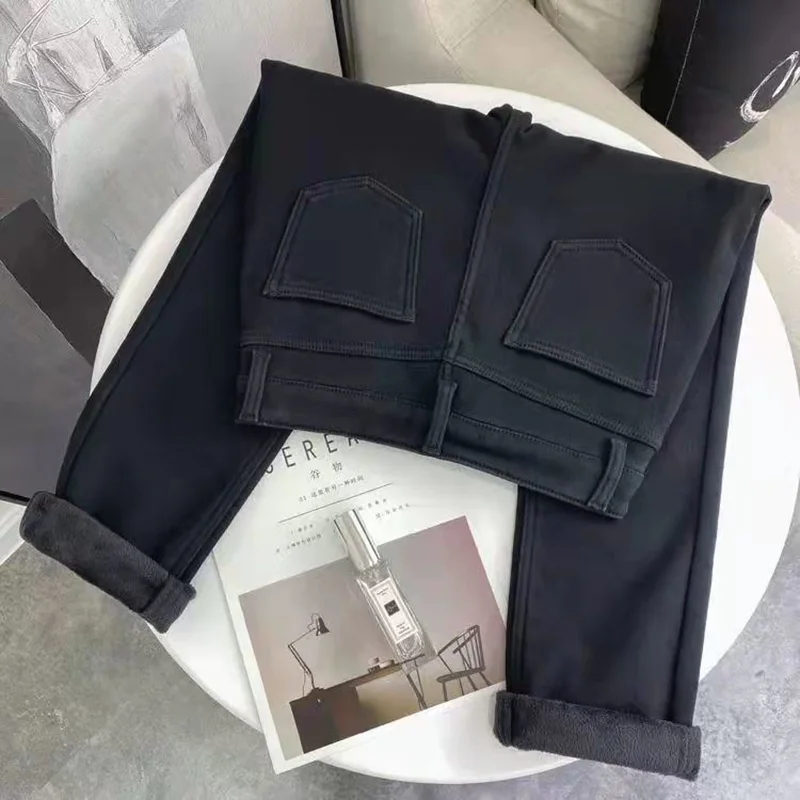 Classic Casual Ankle Length Warm Vaqueros Basic Fleece High Waist Denim Pants Plus Velvet Thicken Beige Straight Jeans Women
