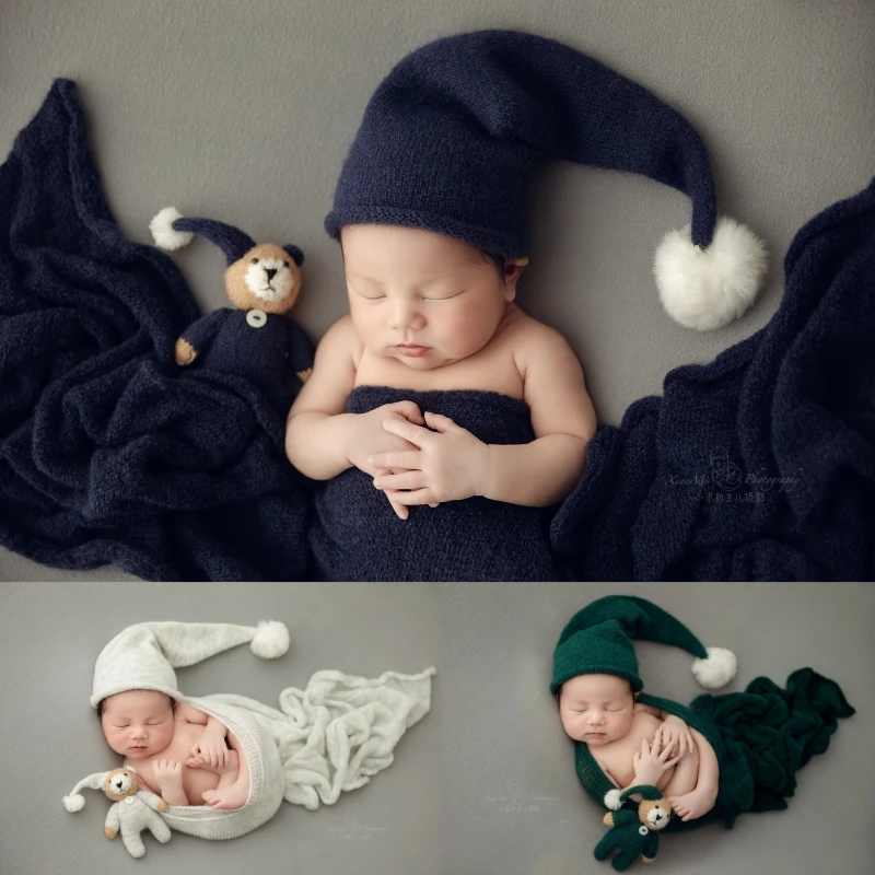 Newborn Baby Photography Props Cotton Soft Blanket Cute Bear Doll Plush Ball Hat Knitting Wrap Set Studio Shooting Photo Props dvotinst newborn photography props for baby cute knitting bear doll hat wrap 3pcs set fotografia studio shooting photo props