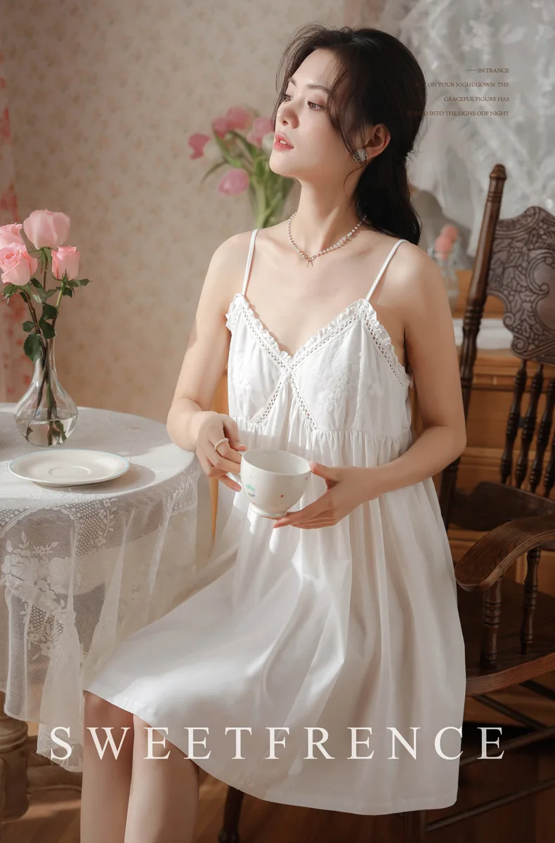 Women Summer Cotton Slip Dress Sexy Spaghetti Strap V-Neck Nightdress Loose Short Nightie White Knee-Length Sleeveless Nightgown