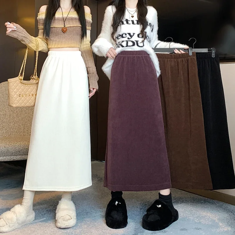 

Fall Winter Cordoury Skirt 2023 Women Fashion Elastic Waist Slim Fit Midi Faldas Mujer Elegant Back Slit All Match Black Skirt