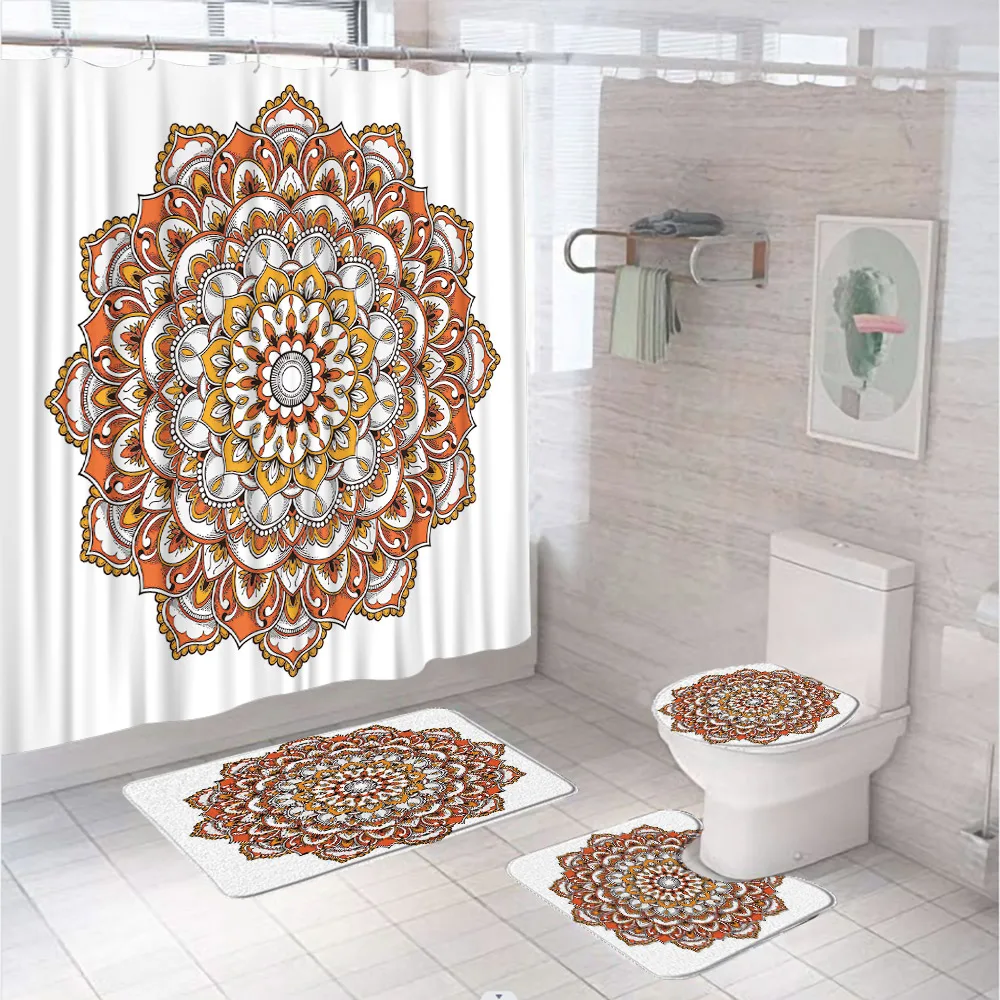 4Pcs Bohemian Mandala Flower Shower Curtain Set Bathroom Screen Modern Boho Ethnic Style Non Slip Bath Mat Toilet Lid Cover Rug